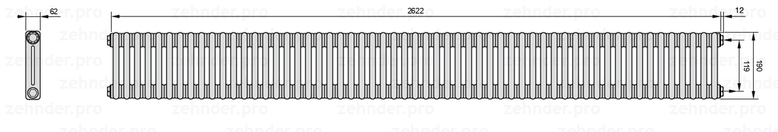 Схема (чертеж) Радиатор Zehnder Charleston 2019/57 №7610 Белый глянцевый RAL 9016